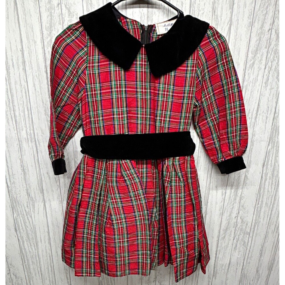 LaBelle Nique Girls Size 6 Red Green Plaid Velvet Collar Fit & Flare Dress